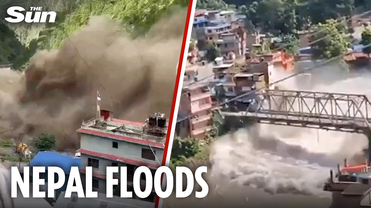 Moment extreme flooding destroys buildings & bridges in Nepal!