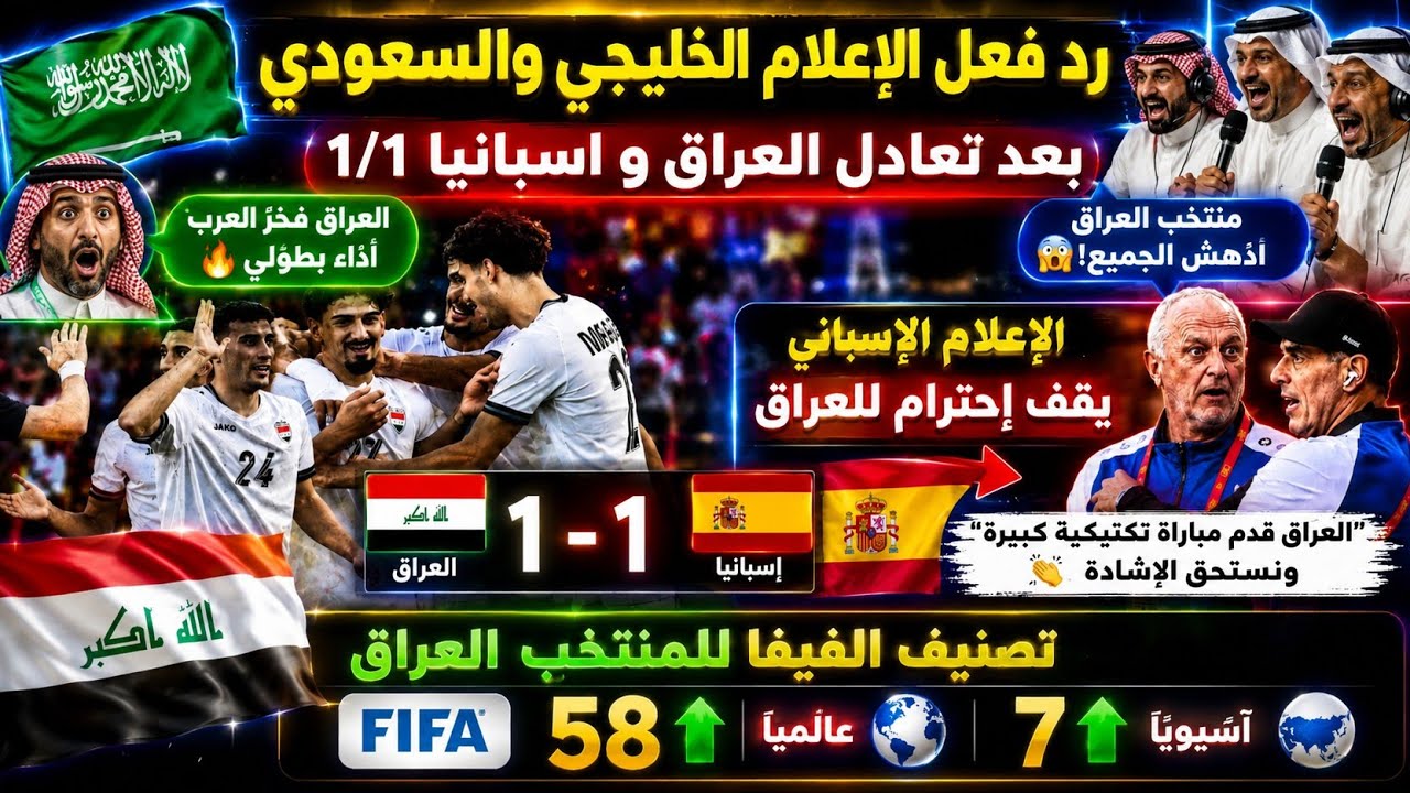 رد فعل الإعلام الخليجي والسعودي بعد تعادل العراق مع إسبانيا 1/1 . الإعلام الإسباني يقف إحترام للعراق