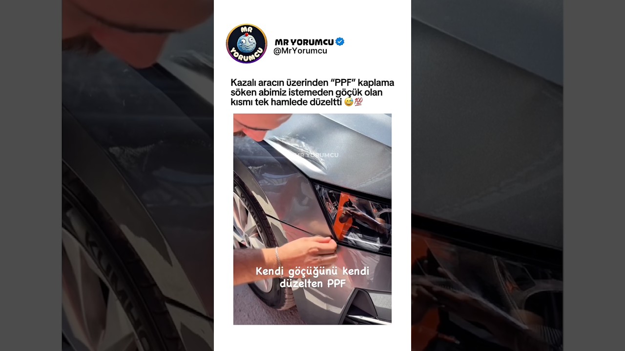 Kazalı aracın üzerinden koruma kaplamayı sökerken göçüğü düzelten abimiz