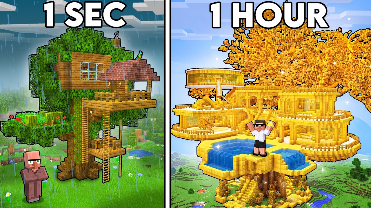 1 SECOND VS 1 HOUR TREEHOUSE BUILD BATTLE IN MINECRAFT!!