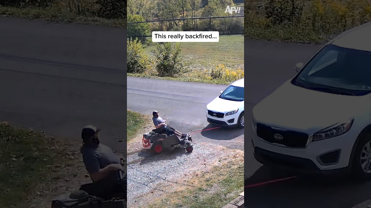 This guy thought a lawnmower could tow a car 😭 #trynottolaugh #fails #cctv