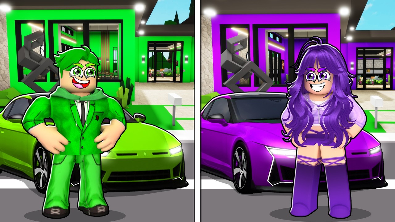 روبلوكس ماب البيوت🏡:تحدي الاولاد ضد البنات ممنوع نستخدم إلا لون واحد لمدة 24 ساعة 💜💚 (مين فاز؟ 😱)