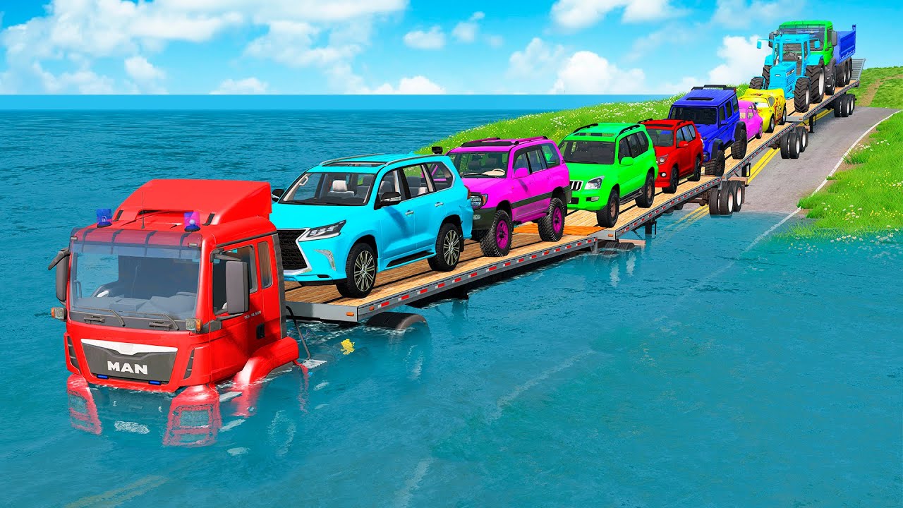 Triple Flatbed Trailer McQueen Transportation with Truck - Speedbumps vs Cars vs Train - BeamNG #12