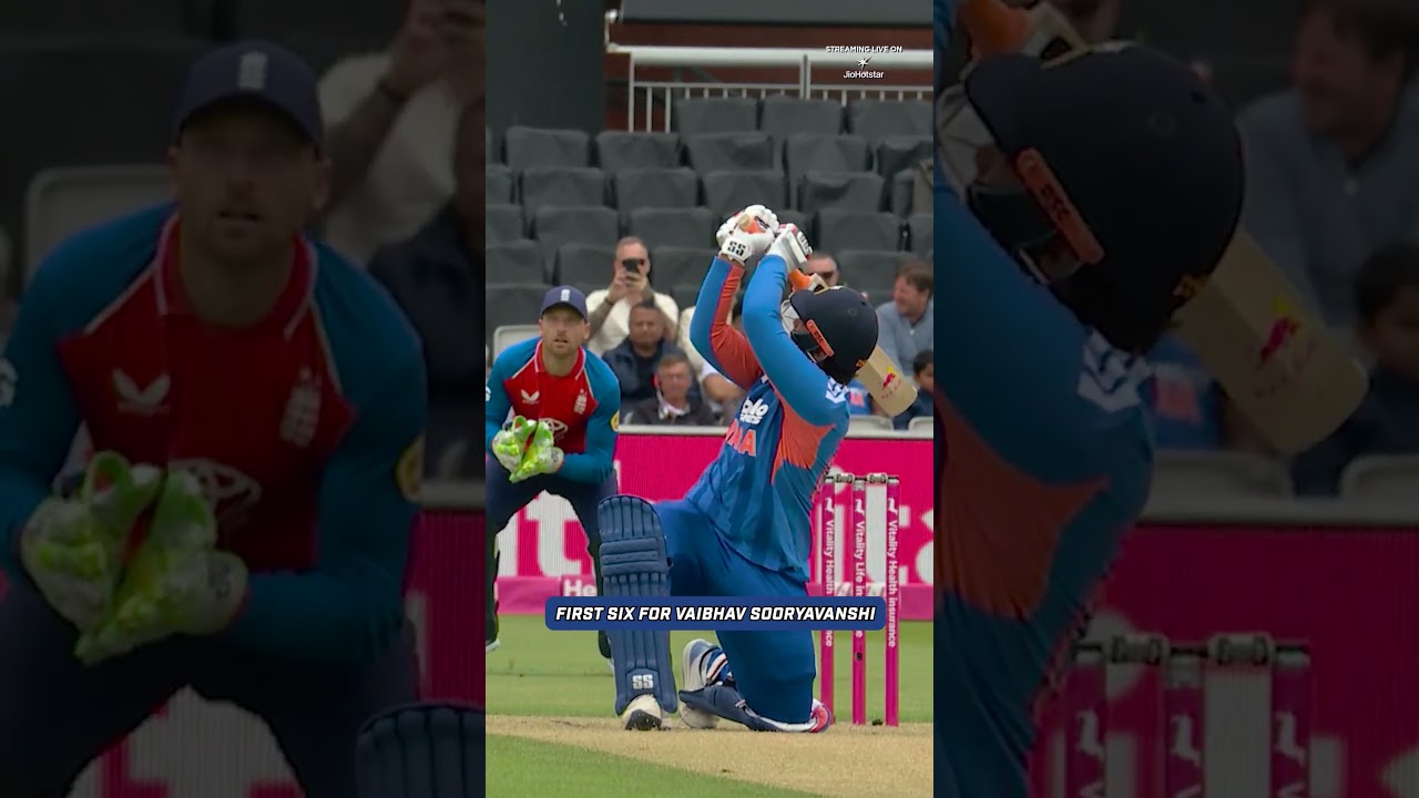 #VaibhavSooryavanshi announces himself with his first international six for India!