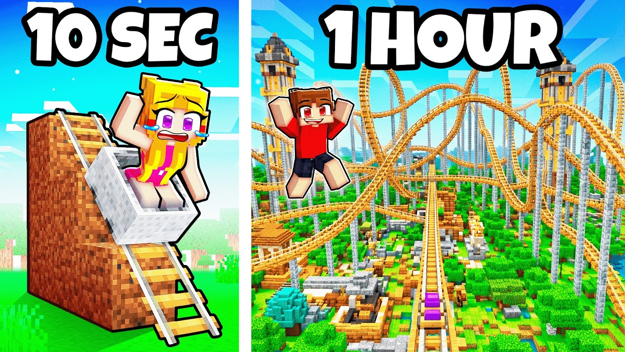 10 Seconds vs 1 Hour GIANT ROLLER COASTER Build Challenge!
