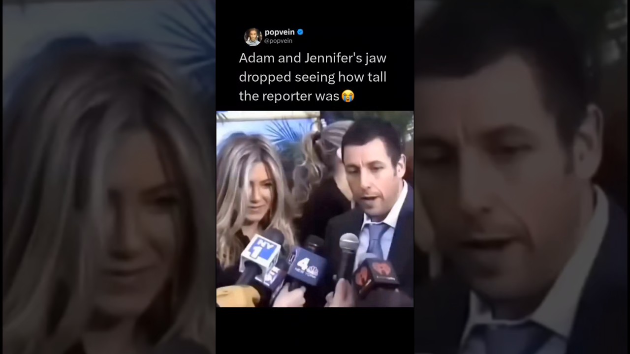 Adam Sandler and Jennifer Aniston's jaw dropped seeing how tall the reporter was 😭