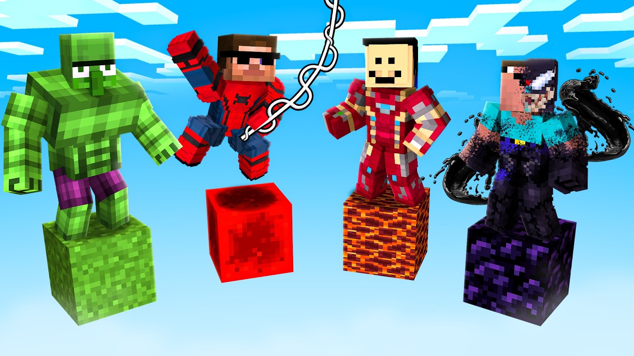 Surviving SUPERHERO ONE BLOCK Minecraft Battle...