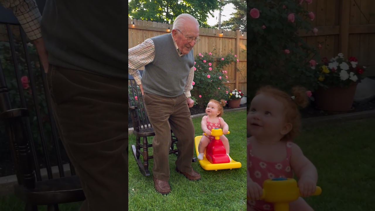 Look How The Baby Copies Grandpa's Hunched Walk! His Tiny Shadow 👴😂 #FunnyBaby