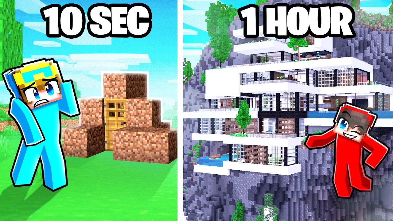 10 Seconds vs 1 Hour MODERN MOUNTAIN HOUSE Build Challenge! - Published by Cash