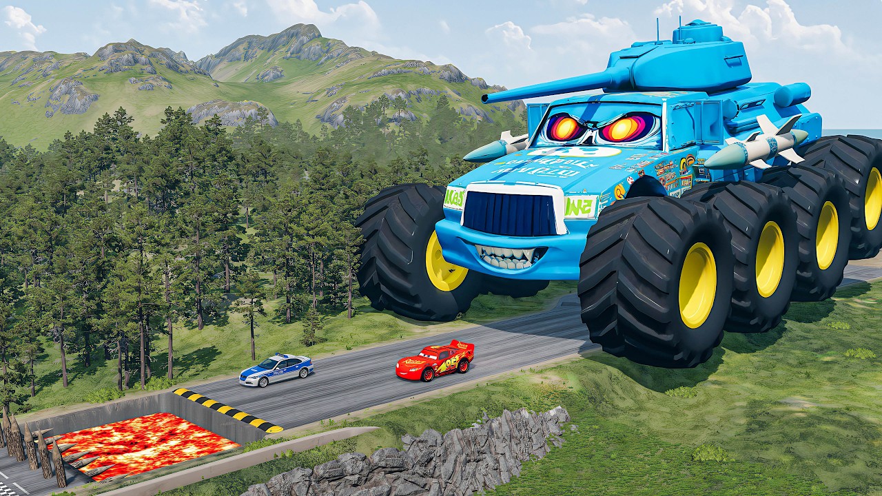 Big & Small McQueen & Police Car vs Zombie Mack, Giant Speed Bumps Downhill Race – BeamNG.drive