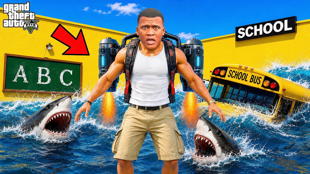 Franklin Escapes a Big Tsunami With Jet Pack in His NEW School in GTA 5 ! in Telugu