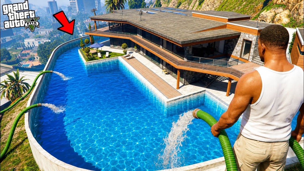 Franklin Built the Biggest Swimming Pool Outside His House in Los Santos | GTA 5 Telugu | Dhanu Dino