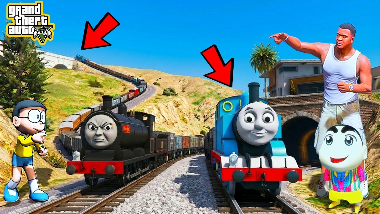 Franklin and Shinchan Make WORLD Longest Thomas Train vs Black Thomas Train in SHINCHAN & CHOP GTAV!
