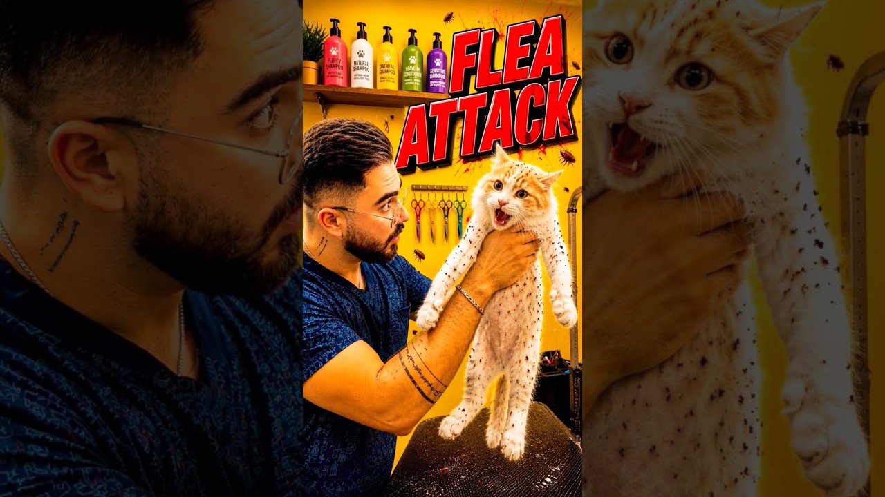He was covered in fleas 👹😳 but the ending is pure peace 🤍 #catshorts #pet #catvideo #grooming