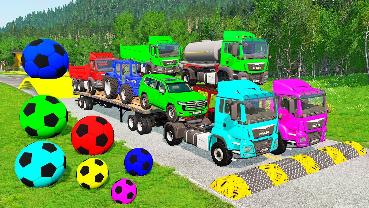 Flatbed Trailer McQueen Transportation with Truck - Speedbumps vs Cars vs Train - BeamNG.Drive #1