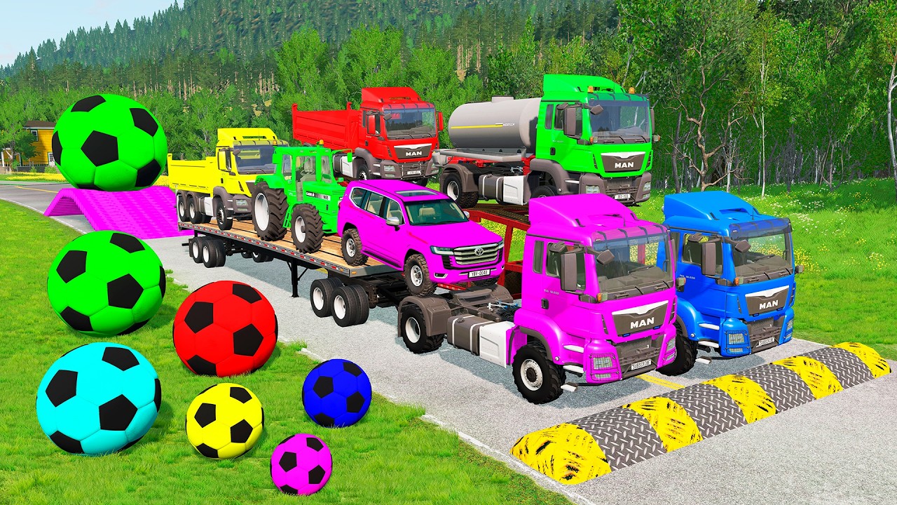 Flatbed Trailer McQueen Transportation with Truck - Speedbumps vs Cars vs Train - BeamNG.Drive #555