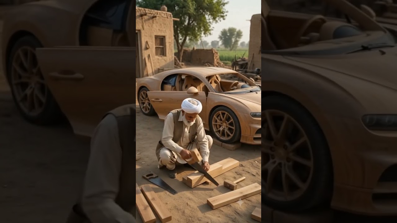 old man create a  Bugatti bey wood
