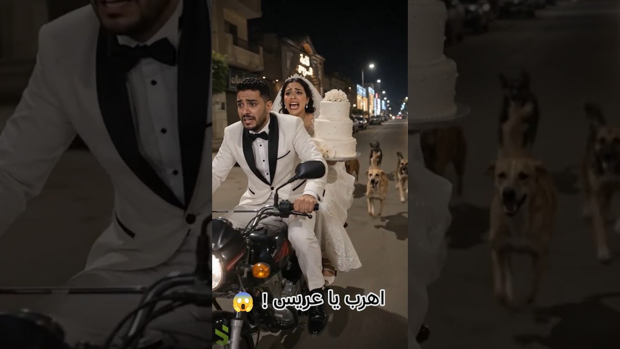 العريس والعروسة هربوا بالكيكة من الكلاب 😂🐶🏍️