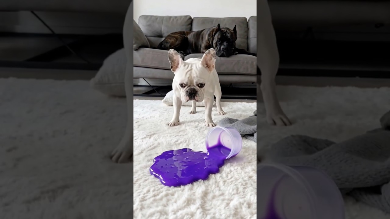 Frenchie vs Purple Slime on White Rug 😱💜 #frenchbulldog #dogshorts #funnydogs