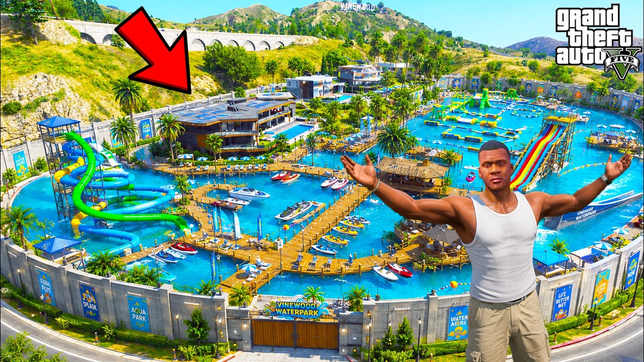 Franklin Builds the Biggest Waterpark Outside His House in GTA 5 | SHINCHAN and CHOP