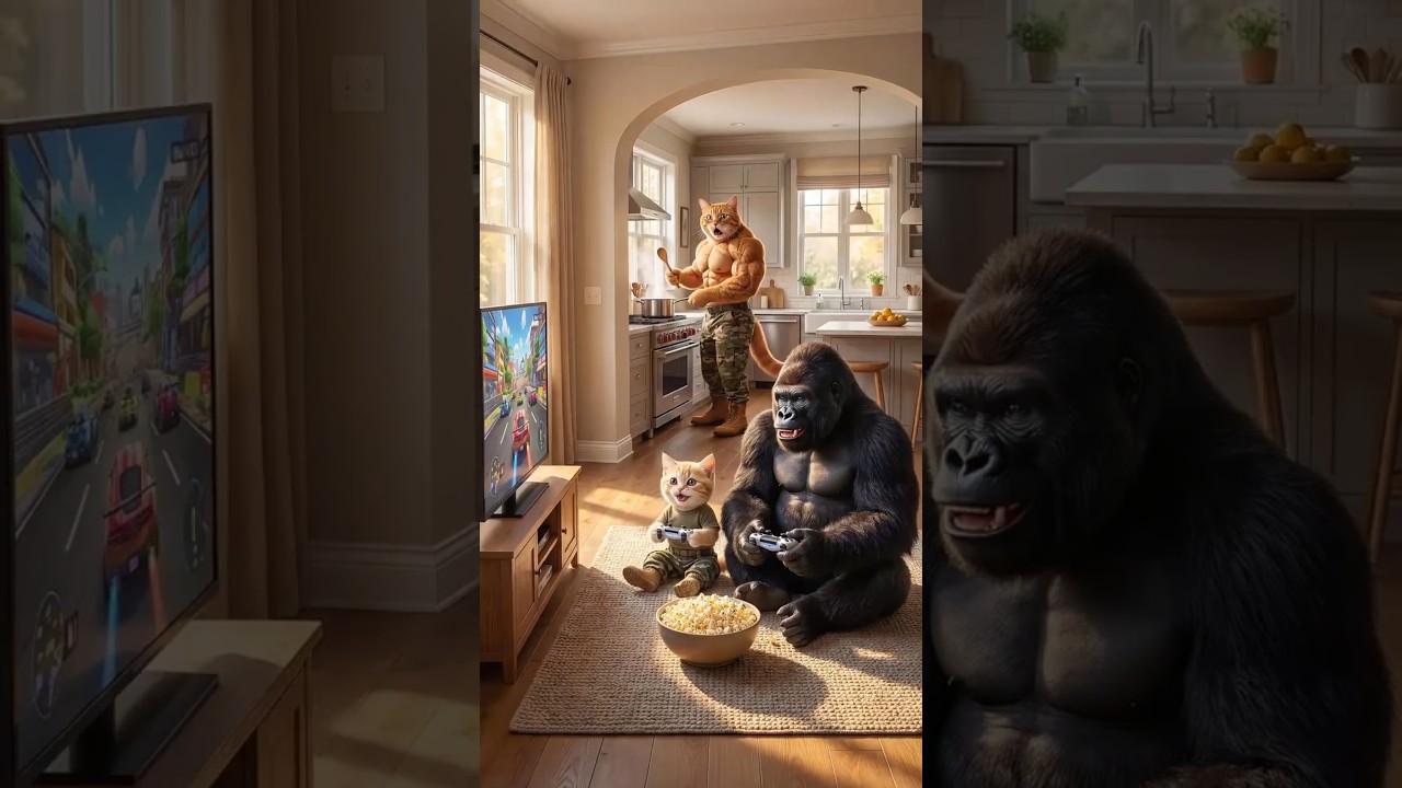 كينج كونج هرب ودخل بيتنا.. شوفوا عمل إيه في أبويا العضلات!! 😱😂 #shorts #cat #ai #funny