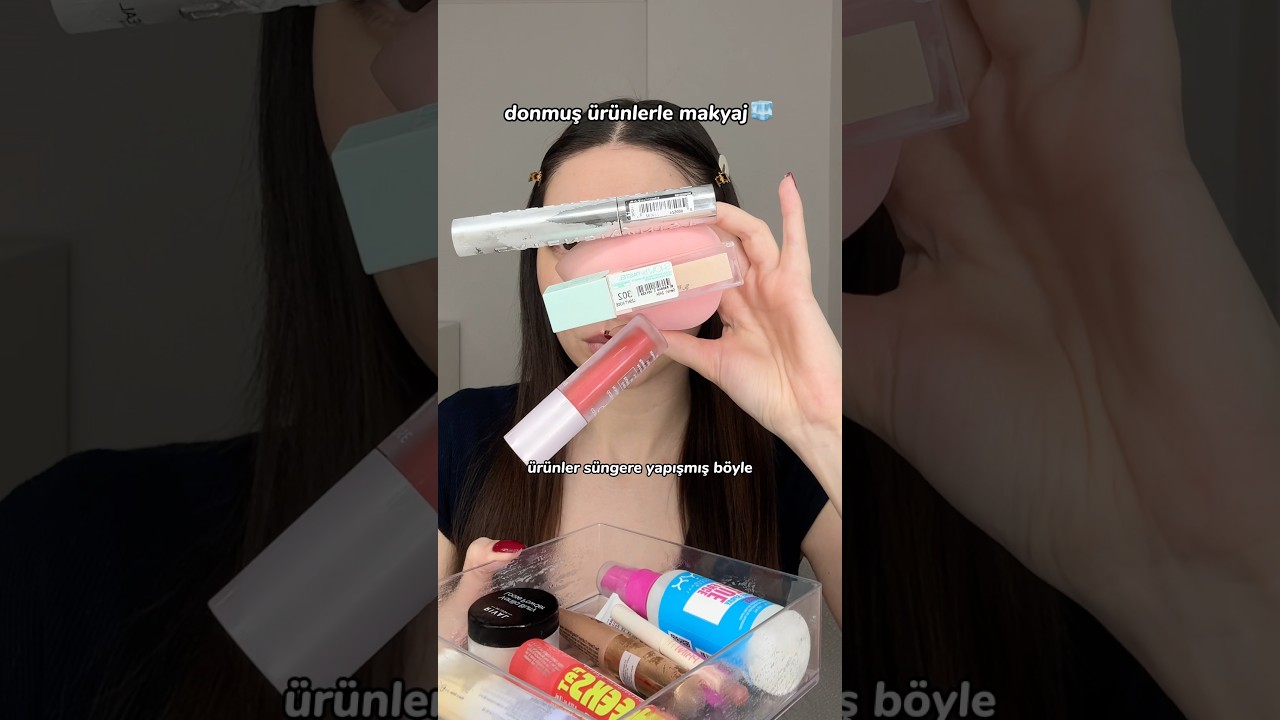 Donmuş ürünlerle makyaj❄️ buzlukta yaklaşık 6 saat beklediler🧊 *reklam değil #frozenmakeup #makyaj