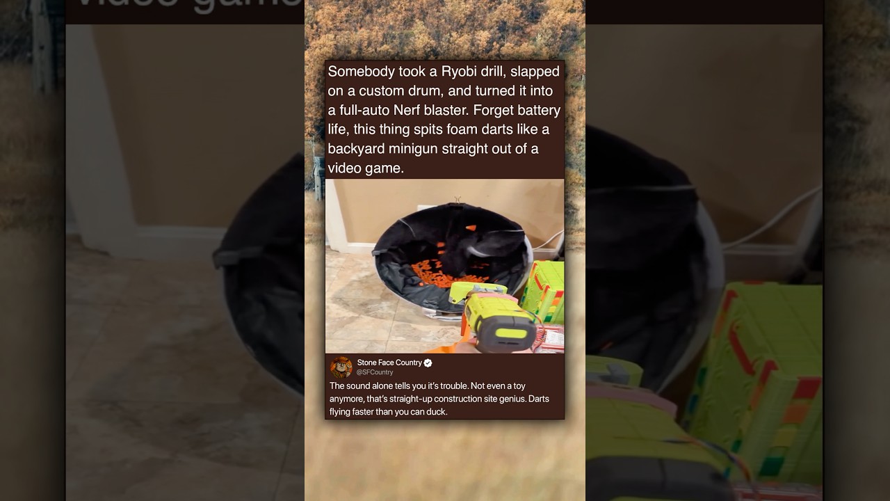 Somebody took a Ryobi drill and turned it into a full on Nerf blaster. Source Credit: @@donutcat0
