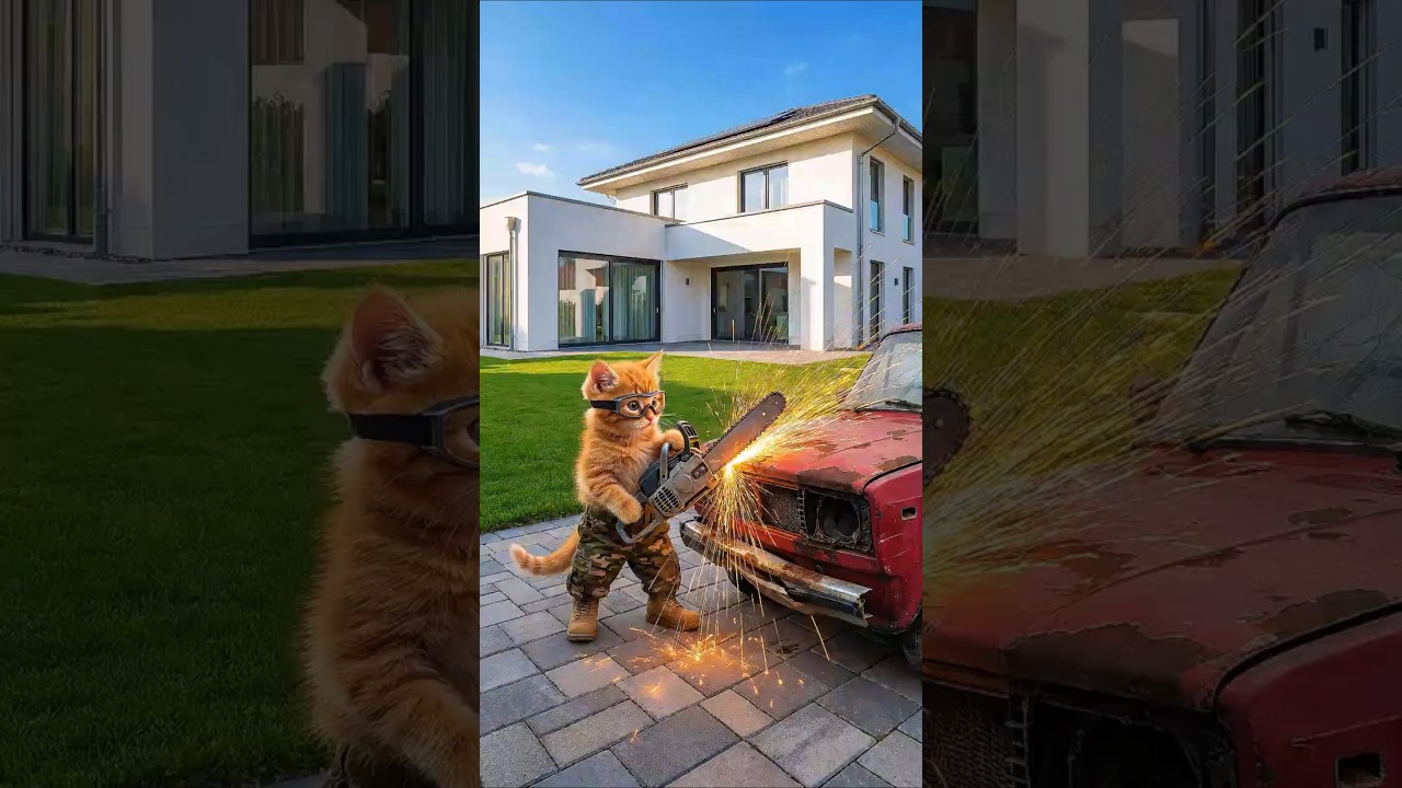 مياو دمر سيارة والده بالمنشار.. مش هتصدق صنع إيه مكانها! 😱🚗🔥 #shorts #cat #ai #funny