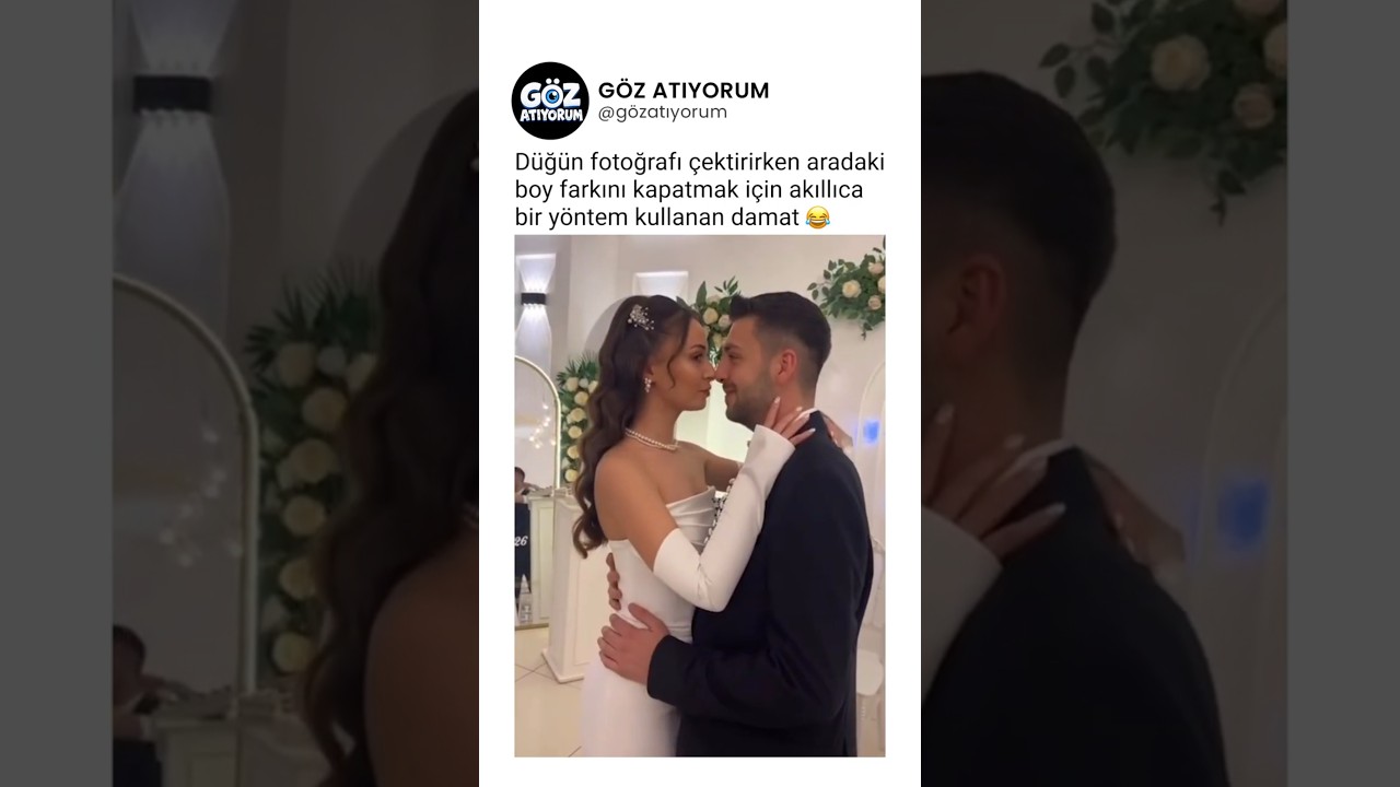Düğün fotoğrafı çektirirken aradaki boy farkını akıllıca kapatan damat 😂