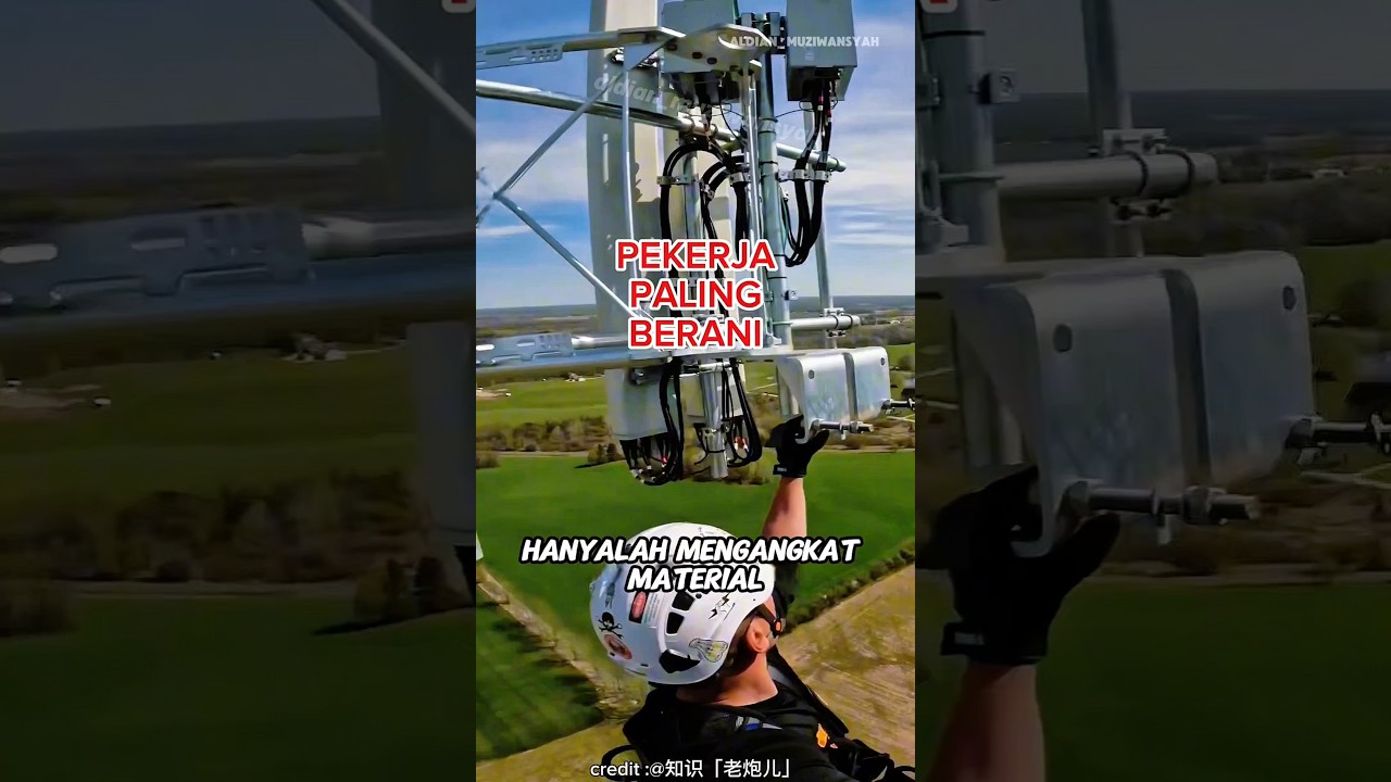 pekerja memasang ratusan meter antena diudara.