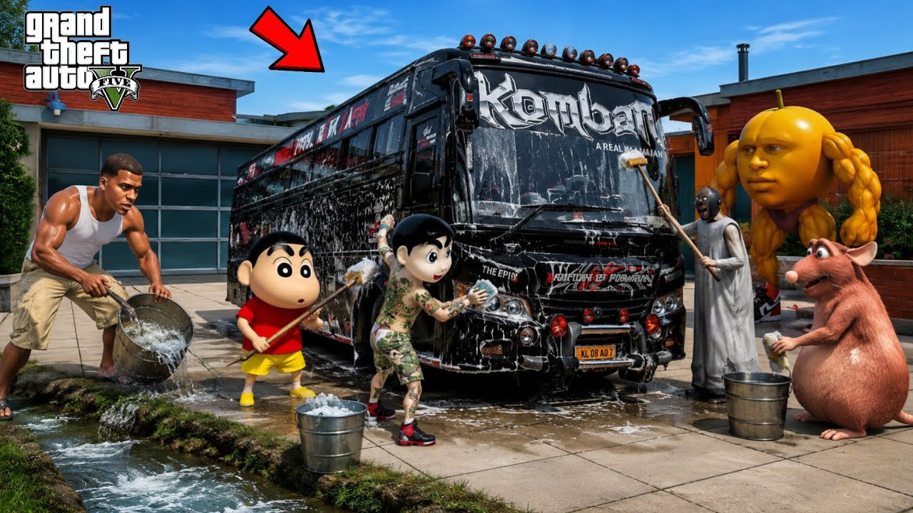 GTA 5 : KOMBAN BUS WASHING TO RIVER FRANKLIN AND FRIENDS 