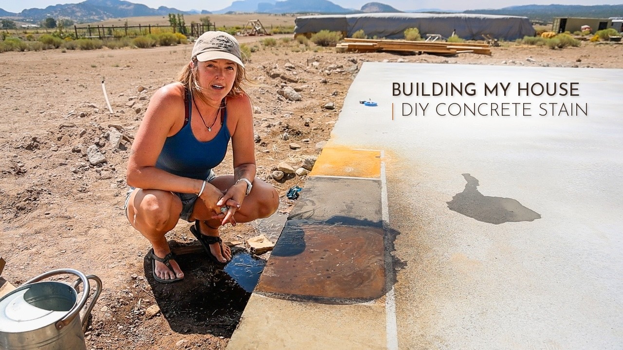 Beautiful DIY Concrete Stain with WALNUT HULLS // Off-Grid House Build