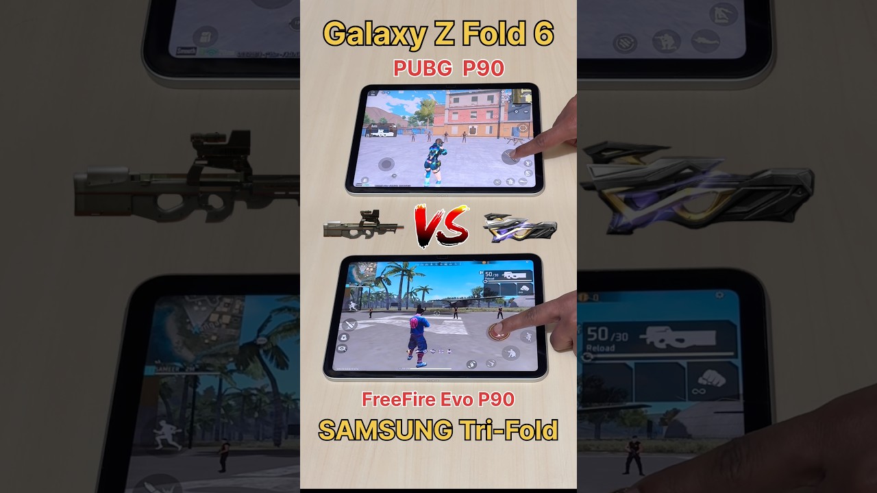 Galaxy Z Fold 6🔥 vs SAMSUNG Tri-Fold 😈vs PUBG P90 vs FreeFire Evo P90 vs 90 FPS vs 120 FPS  #bgmi