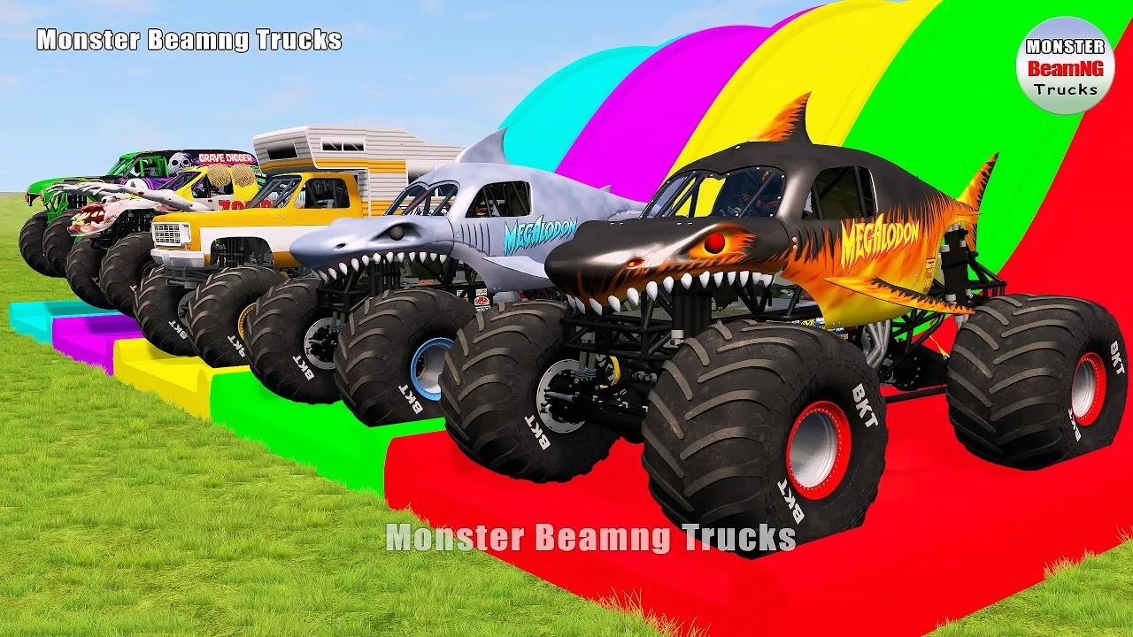 Triple Flatbed Trailer Monster Trucks Transport with Slide Color - BeamNG.drive 543