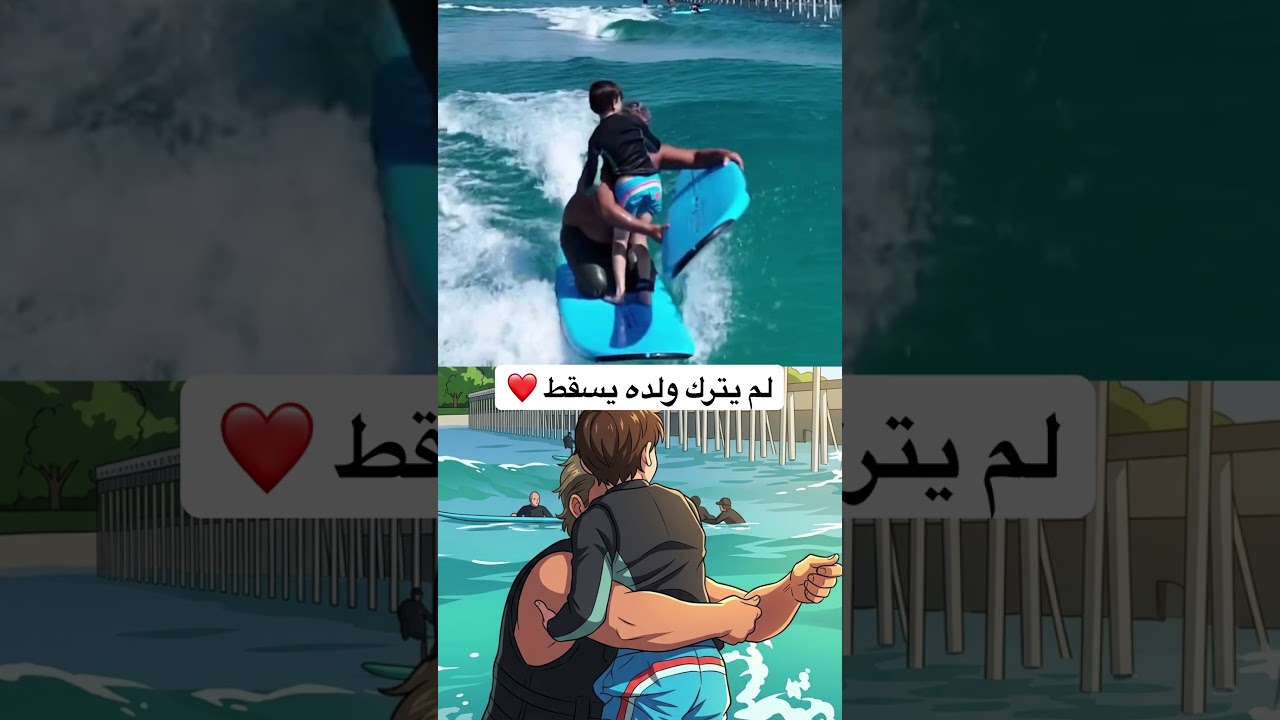 لحظة مؤثرة 😍 أب يساعد طفل يتعلم ركوب الأمواج 🌊❤️