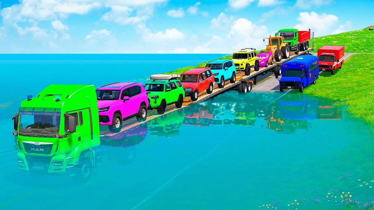 Triple Flatbed Trailer McQueen Transportation with Truck - Speedbumps vs Cars vs Train - BeamNG #33