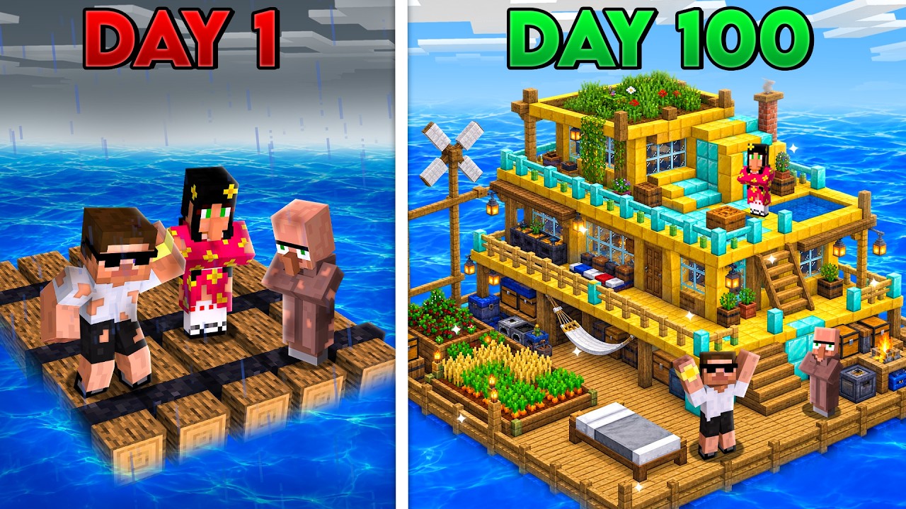 100 Days on DEADLY RAFT with Friends In Minecraft 😰