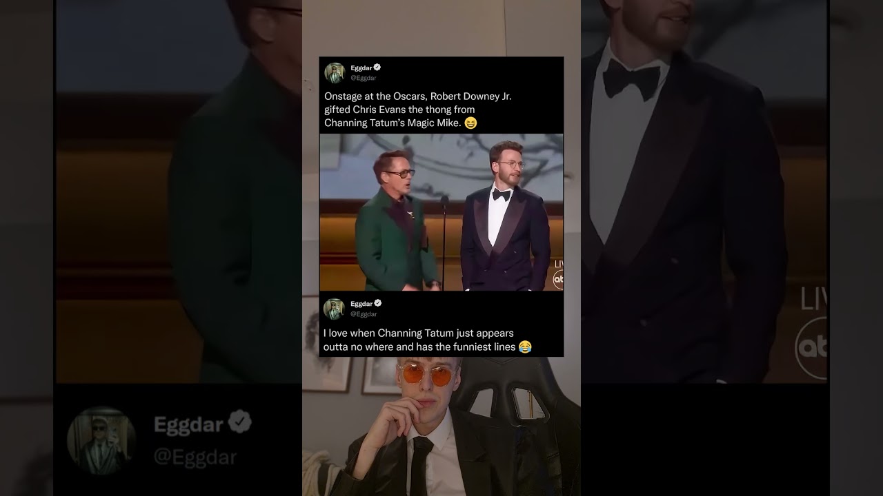 Onstage at the Oscars, Robert Downey Jr gifted Chris Evans the prop from Channing Tatum's Magic Mike