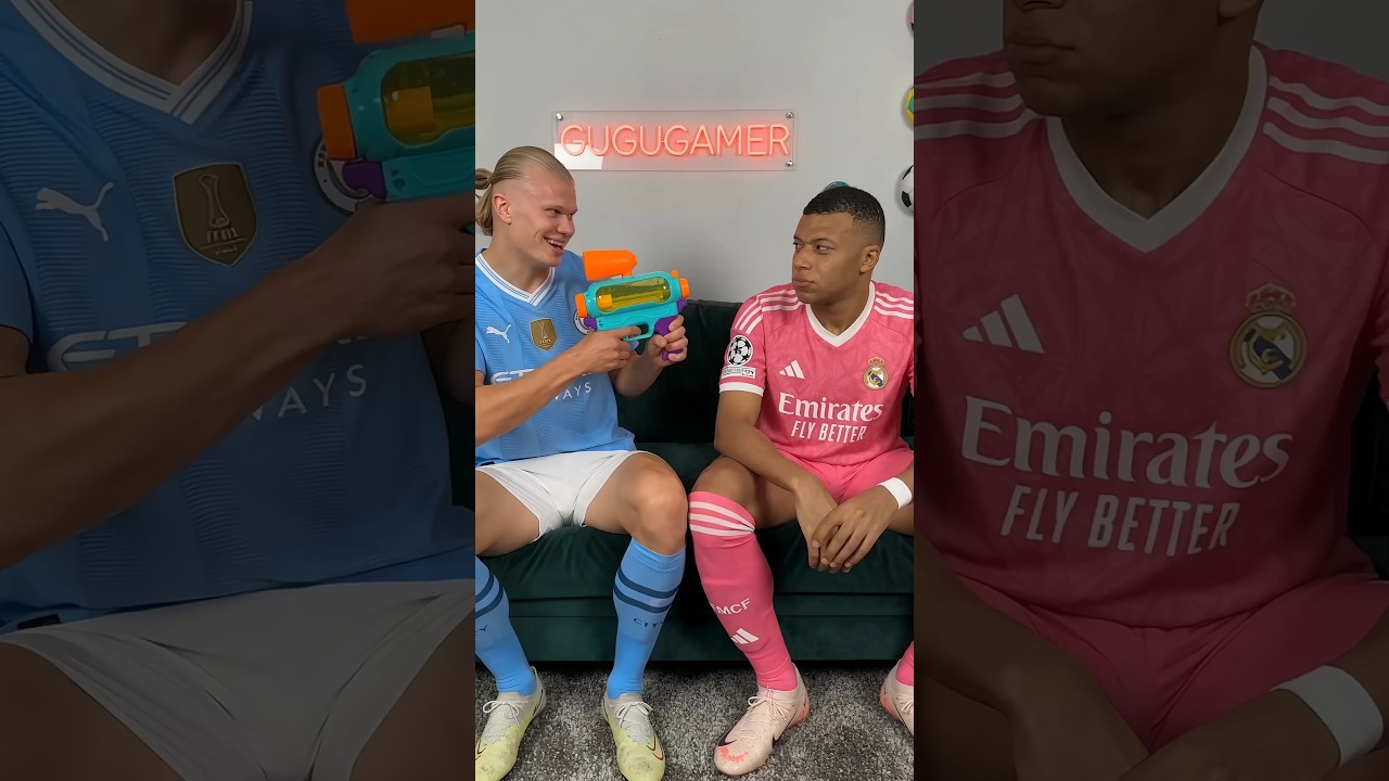 When Haaland hands Mbappe a water blaster.... 🎯😂 #haaland #mbappe #football