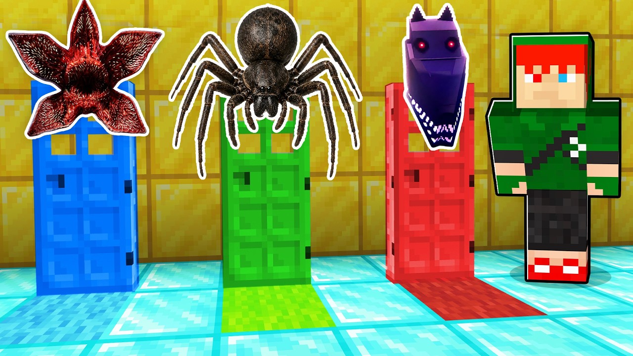 NÃO ESCOLHA A PORTA ASSUSTADORA ERRADA NO MINECRAFT!! (Demogorgon, Lobisomem, Aranha Realista)