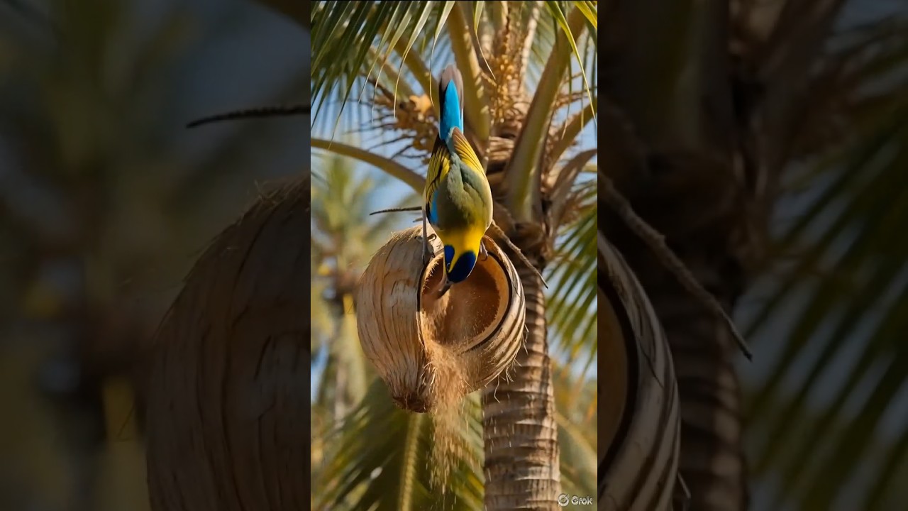 Tiny Birds Creating a Cozy Nest Inside a Coconut 🐦🥥
