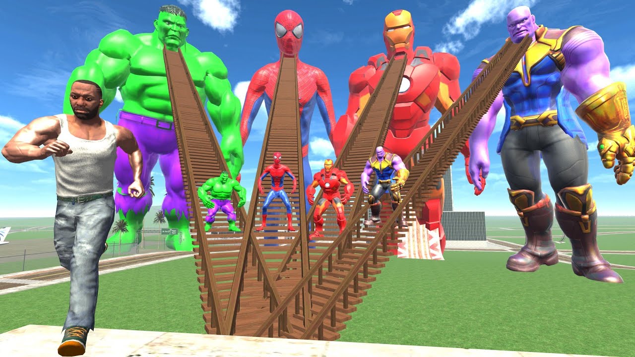 Franklin vs Hulk,Thanos,Iron Man,Spider-Man Statue In Indian Bike Driving 3d