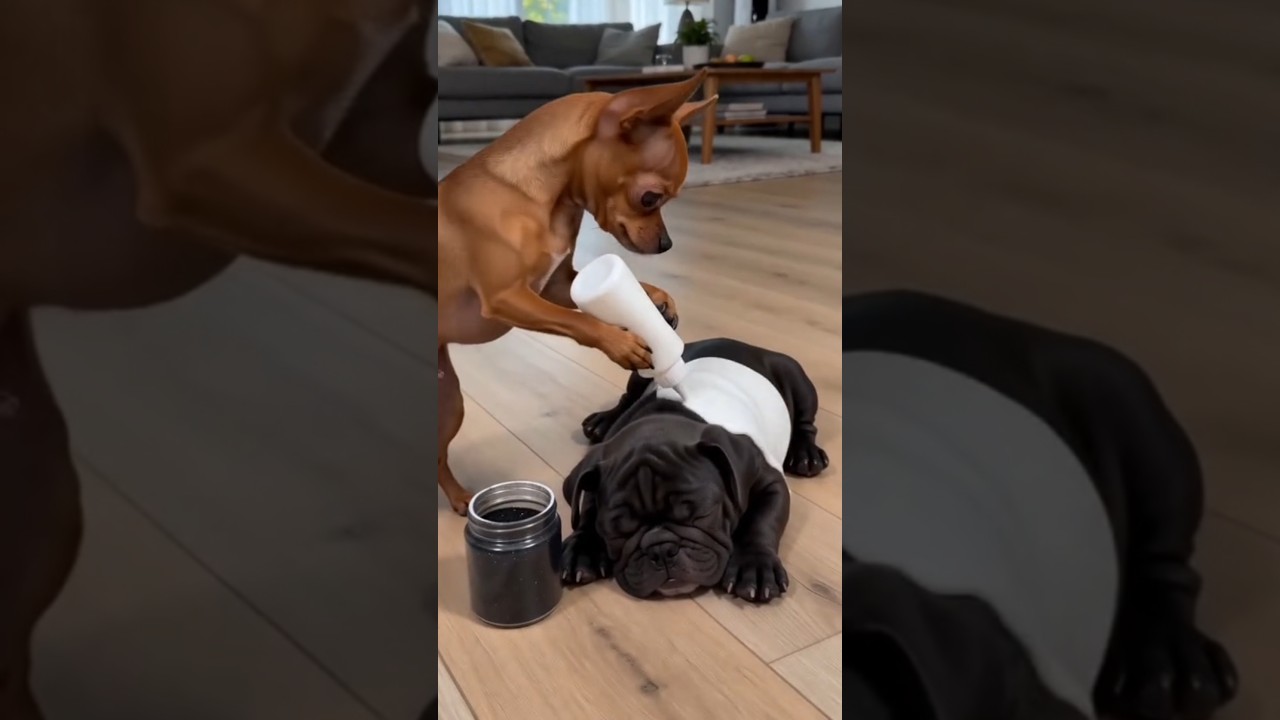 Dog Uses White Paint & Glitter To Prank Buddy For Chicken! 🐶✨ #Shorts #Dogs #FunnyDogs