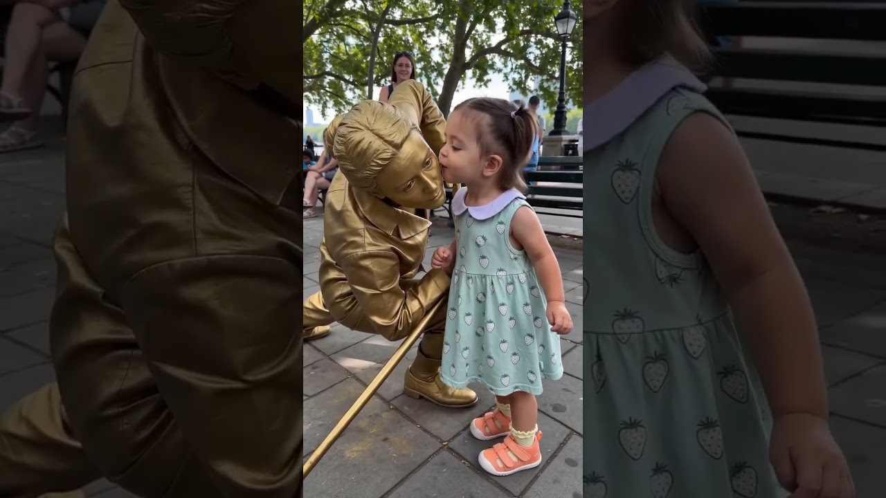 Baby Meets a Golden Living Statue! 😲❤️ #Cute