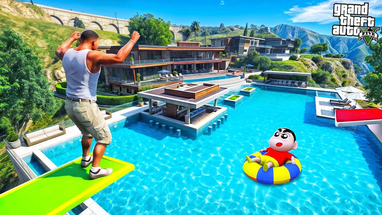 Franklin & Shinchan Building The Biggest Swimming Pool Outside His House In Gta 5 