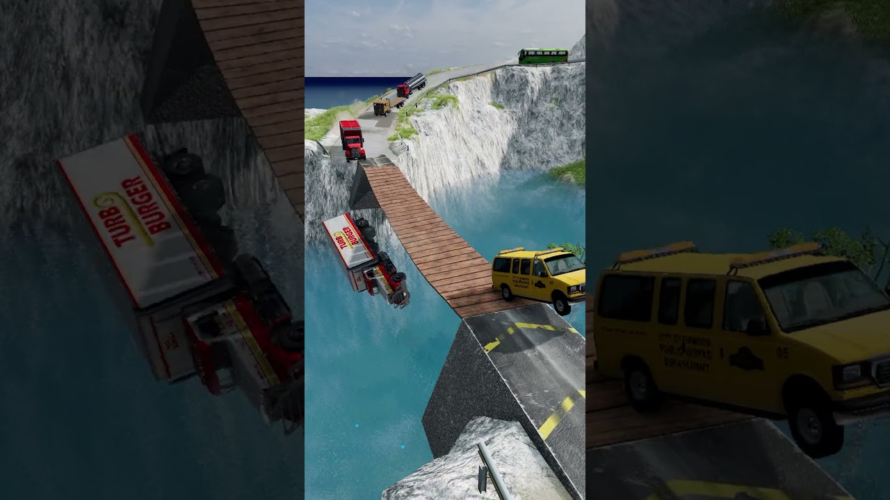 Cement Truck, Mini Van, Burger Truck vs Suspension Bridge