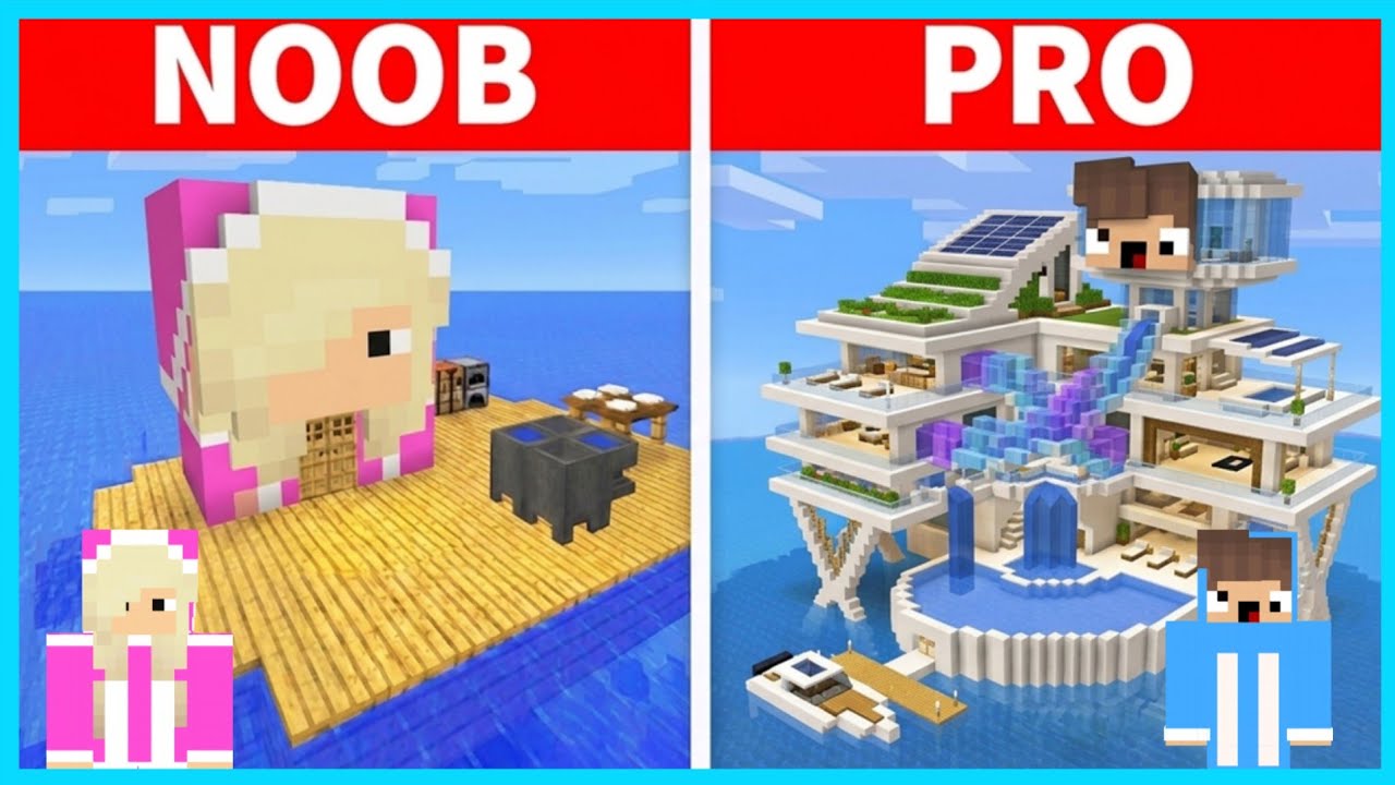 MIPAN & ZUZUZU TANTANGAN MEMBANGUN RUMAH DI ATAS AIR DI MINECRAFT! NOOB VS PRO