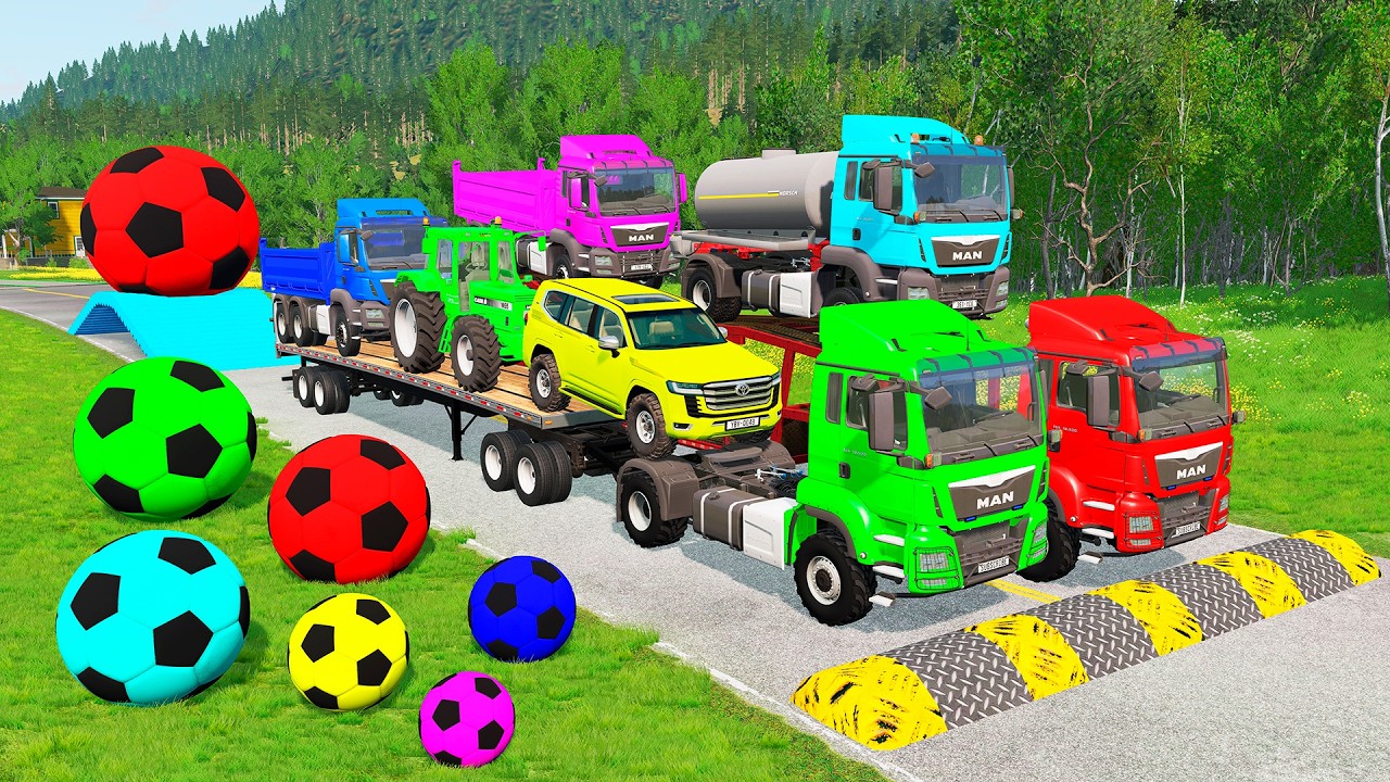 Flatbed Trailer McQueen Transportation with Truck - Speedbumps vs Cars vs Train - BeamNG.Drive #155