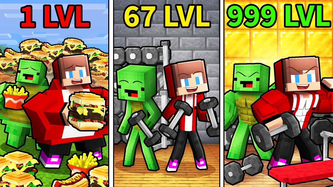 JJ and Mikey: From FAT To STRONG Evolution in Minecraft!